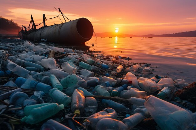 Foto deshechos plásticos en la playa concepto de medio ambiente de contaminación