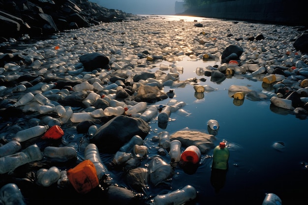 Foto deshechos plásticos en la playa concepto de medio ambiente de contaminación