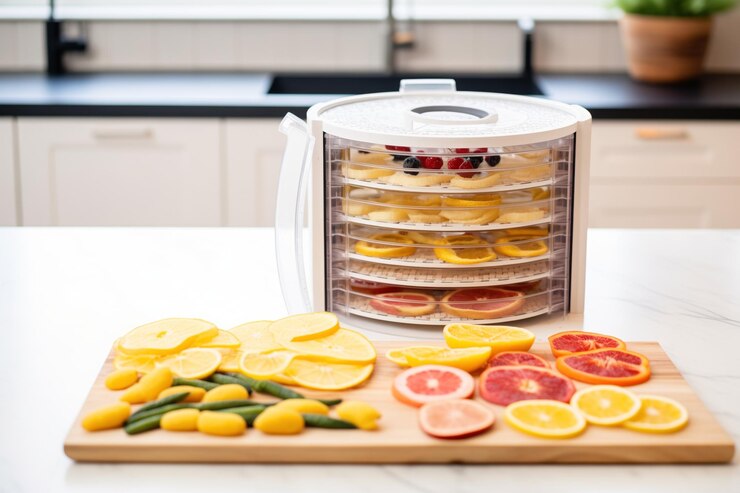 Deshidratador con filas de frutas en rodajas en el interior