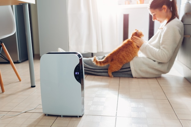 El deshumidificador con panel táctil, indicador de humedad, lámpara uv, ionizador de aire, contenedor de agua funciona en casa. Secador