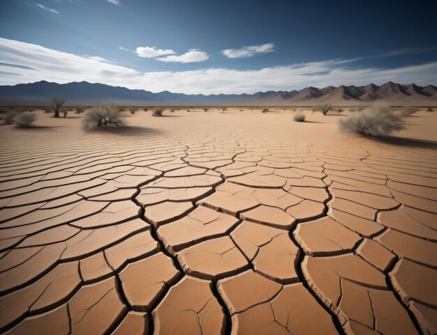 Desierto agrietado con montañas en el fondo