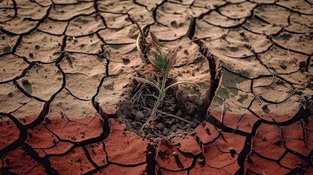 Un desierto con un agujero en el suelo del que crece una planta.