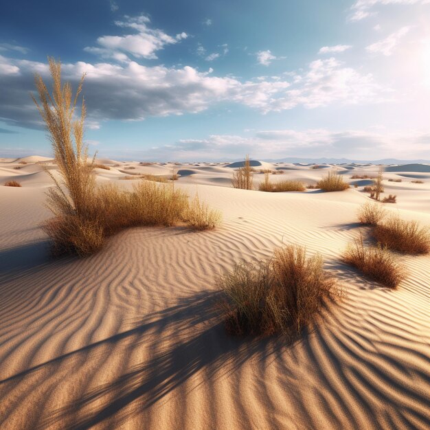 un desierto con algunas plantas y un cielo con nubes