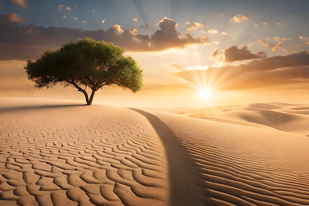 Un desierto con un árbol en el medio y el sol poniéndose detrás