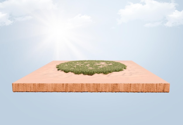 Desierto de arena y superficie de hierba verde y suelo y teléfono móvil con trozo de tierra flotante