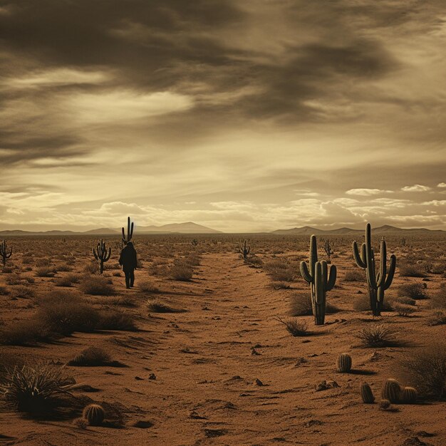 Foto un desierto con cactus y desierto en el fondo.