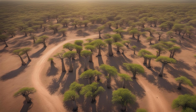 un desierto con un camino de tierra y árboles en el medio