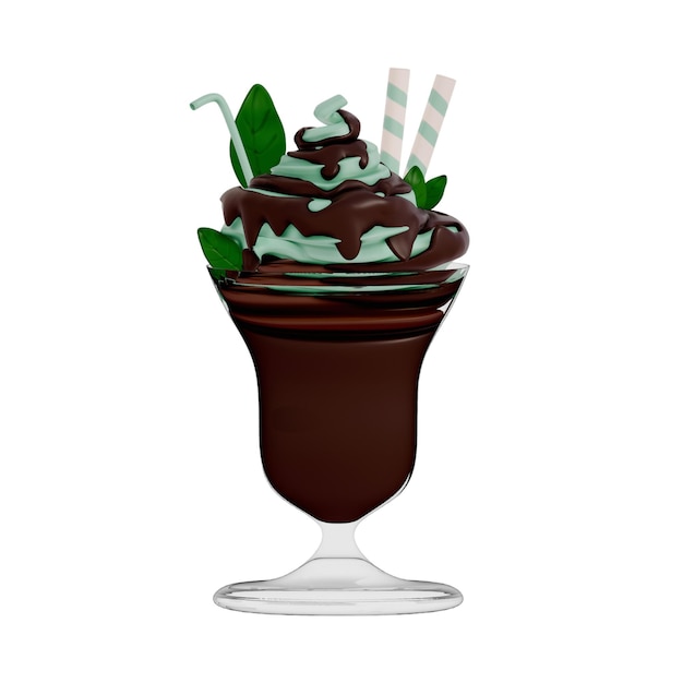 Desierto de chocolate 3D Clipart Helado de menta de chocolate Sundae en un fondo blanco Rendering 3D