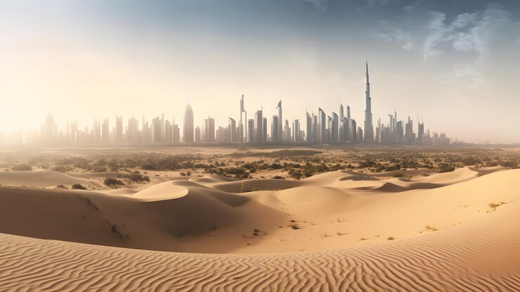 Un desierto con una ciudad al fondo.