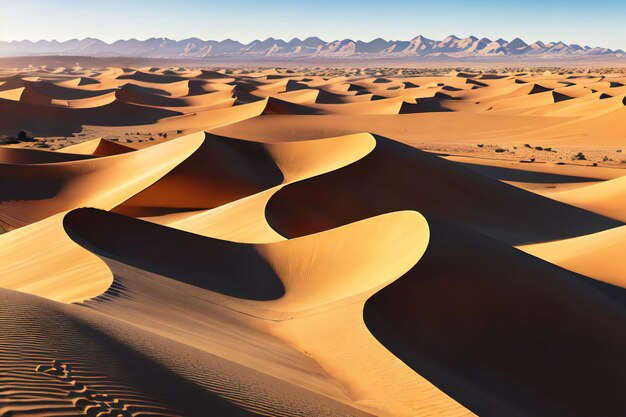 Un desierto con dunas de arena y montañas al fondo