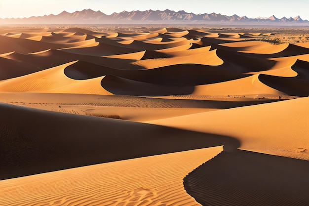 Un desierto con dunas de arena y montañas al fondo