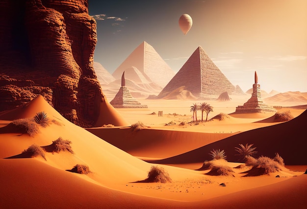 Desierto con las grandes pirámides del antiguo EgiptoxAillustration AI generativo