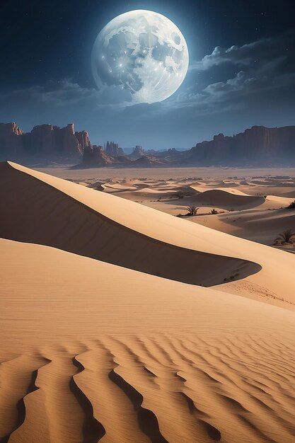 Un desierto iluminado por la luna con gigantescas dunas de arena y ruinas antiguas