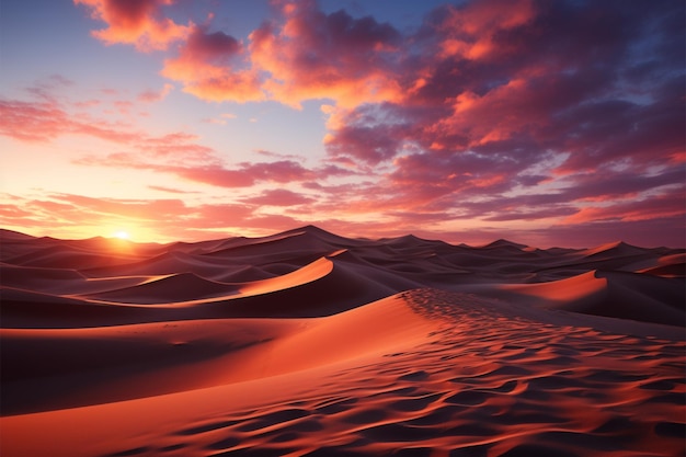 El desierto, el lienzo, el sol ardiente, se sumerge bajo las dunas, una serena puesta de sol de arena.