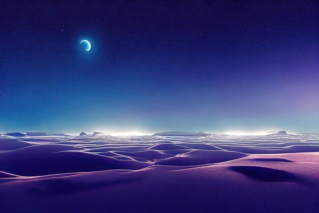 Un desierto con luna y estrellas.