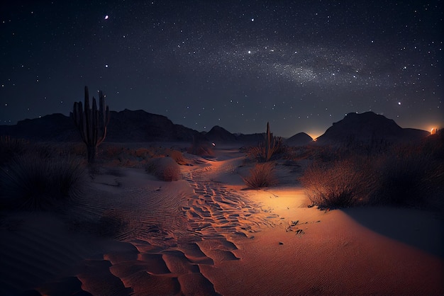 Un desierto con una luz y las estrellas al fondo.