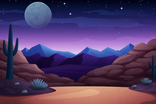 Foto desierto con montañas de arena y paisaje de cactus en escena nocturna