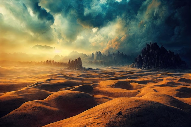 Desierto con montañas Arte conceptual Pintura digital Ilustración de fantasía