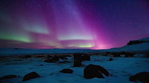 desierto morado con auroras boreales