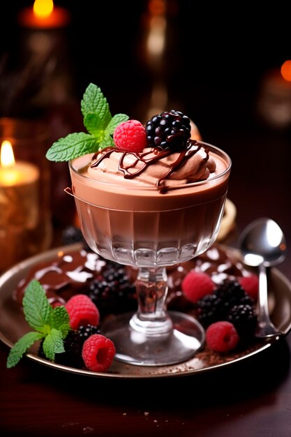 Desierto de mousse de chocolate en un plato en un vaso Foco selectivo