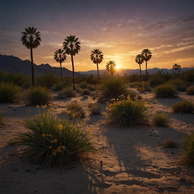 Foto un desierto con palmeras y una puesta de sol en el fondo