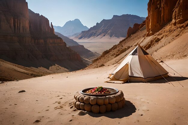 un desierto con un plato de comida y un desierto al fondo