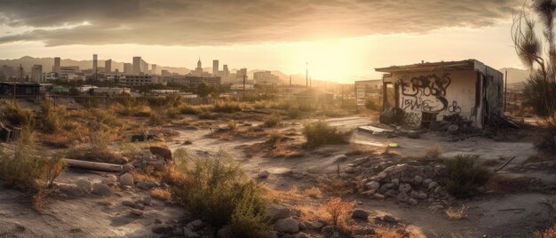 desierto post apocalipsis paisaje abandonado panorama ultrawide arte destrucción pueblo vacío