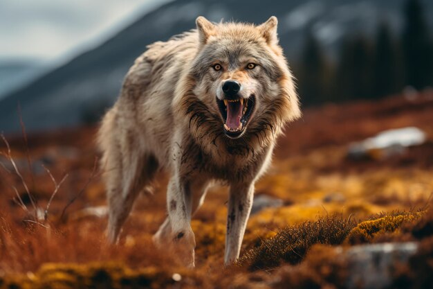 Foto en el desierto que se desvanece, el aullido de un lobo solitario resuena una conmovedora búsqueda de pareja.