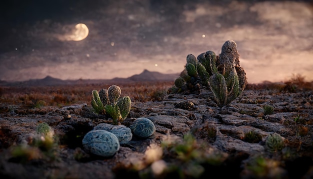 Desierto con rocas de cactus bajo el cielo estrellado