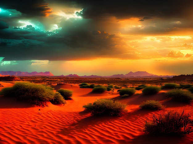 Foto desierto tropical con impresionante realismo vibrantes colores neón tormentoso y cine generativo ai generado