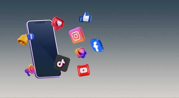 Design 3D de um novo telefone celular com logotipos de mídia social 3D