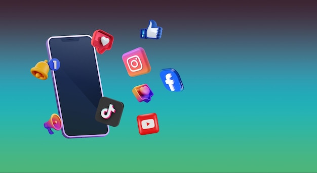 Design 3D de um novo telefone celular com logotipos de novas redes sociais Instagram Facebook Tik Tok