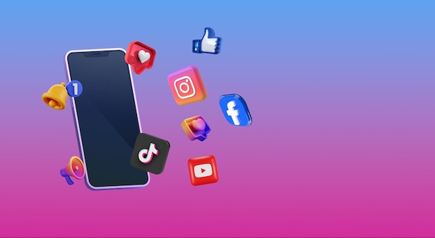Design 3D de um novo telefone celular com logotipos de redes sociais e likes