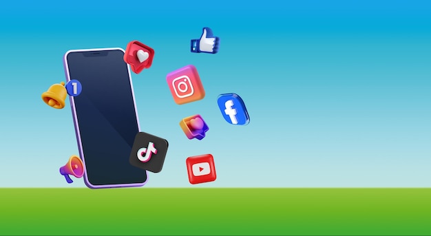 Design 3D de um novo telefone celular com logotipos originais de mídias sociais