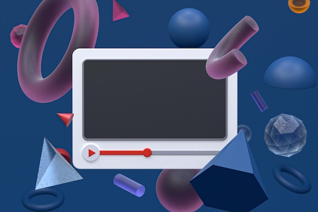 Design 3d do player de vídeo do youtube ou interface do player de mídia de vídeo em fundo de geometria abstrata