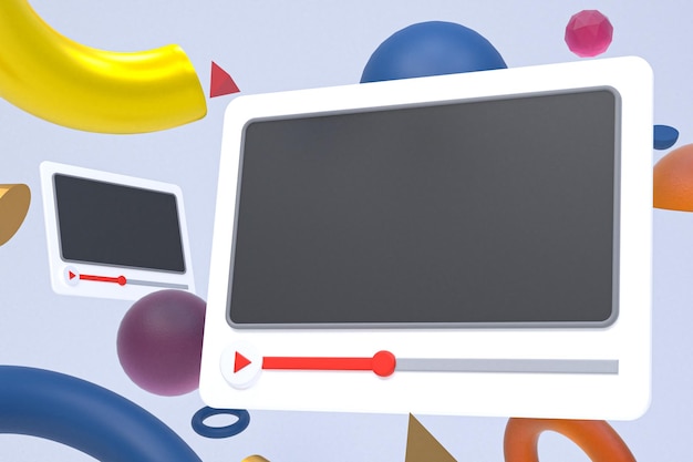 Design 3D do player de vídeo do Youtube ou interface do player de mídia de vídeo em geometria abstrata