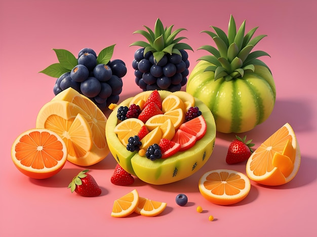 Design 3D isométrico com tema Full Fruits altamente detalhado