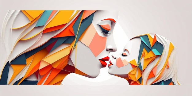 Design abstrato do Dia das Mães Uma mãe beijando uma criança flores design plano de arte feito à mão