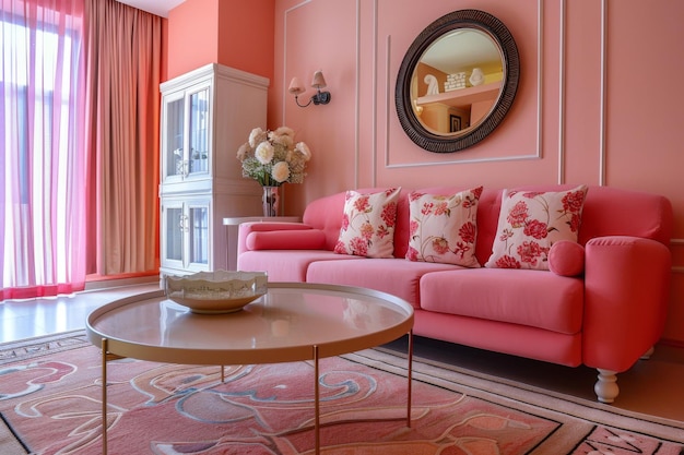 Design Blush Pink Retro-Stil Haus Interieur und modernes Wohnzimmer