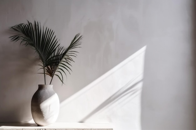 Design Boden Wand Sonnenlicht Innenraum Zuhause Beton Dekor Baum Palme Vase Schatten Generative KI