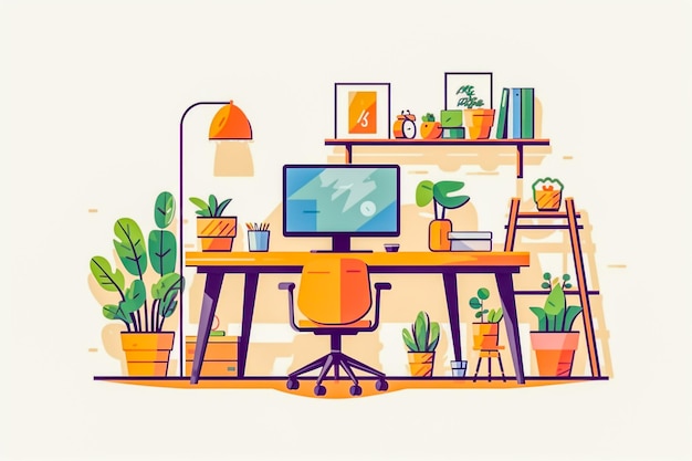 Design-Büroschreibtisch mit grünen Pflanzen und Laptop mit Modell im Vintage-Stil
