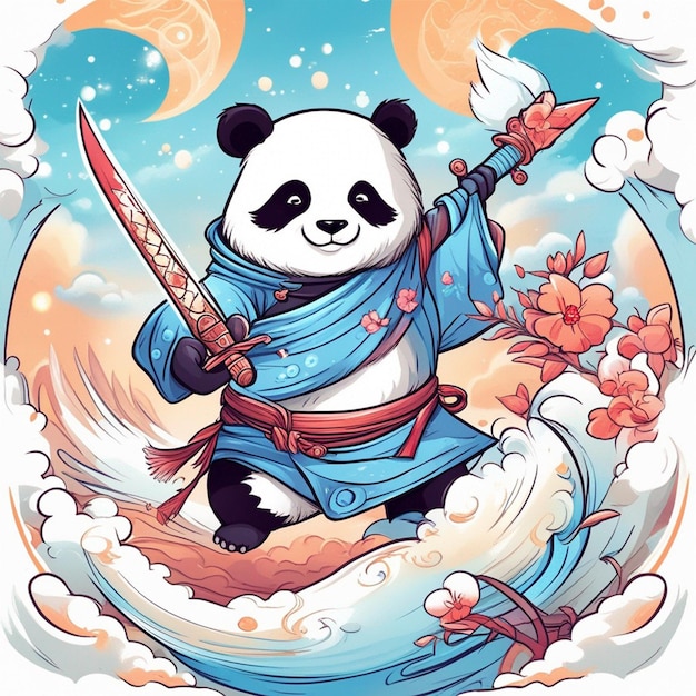 design camiseta gráfico bonito desenho animado panda samurai katana espada wilding branco completo estilo infantil whi