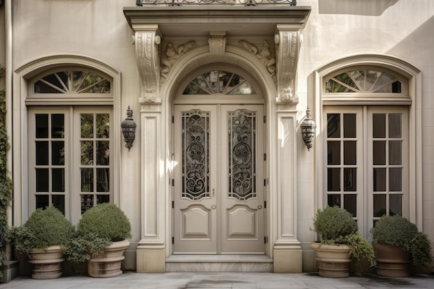 Design clássico de inspiração francesa com janelas e portas de madeira ornamentadas criadas com IA generativa