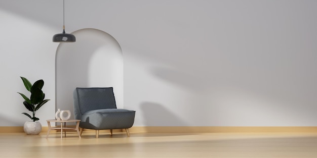 Design contemporâneo de sala de estar interior paredes brilhantes piso de madeira sofá poltrona com lâmpada conceito de relaxamento renderização 3d