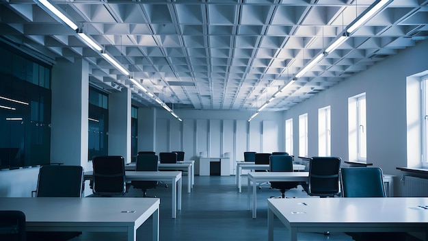 Design contemporâneo de teto de escritório com gesso acústico branco e luminárias fluorescentes Conceito Design de escritório Materiais de teto Soluções acústicas Opções de iluminação