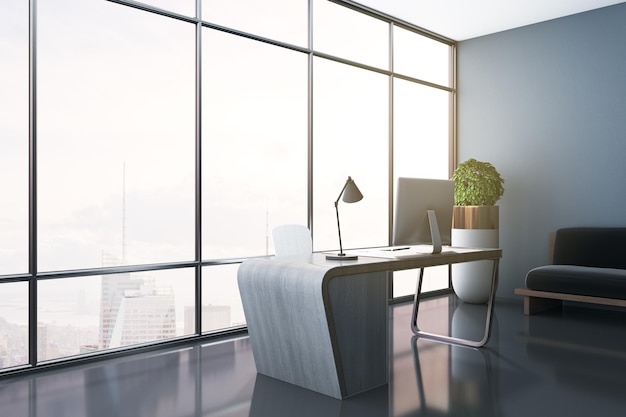 Design contemporâneo do interior do escritório com janelas panorâmicas vista da cidade local de trabalho com monitor de desktop e computador e planta decorativa 3D Rendering