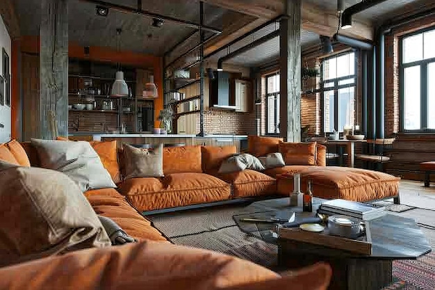 Design Coral Rustikal Loft Interieur und modernes Wohnzimmer