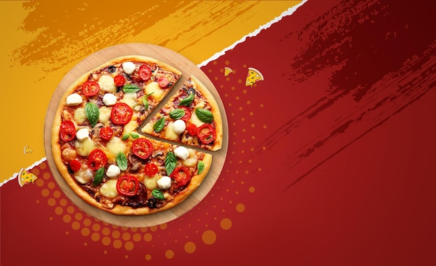 Foto design criativo de banner de pizza com perspectiva de vista superior. ilustração 3d de anúncio de banner de pizza realista