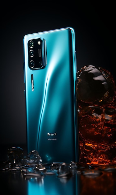 Design da caixa Xiaomi Redmi Note 10 com uma paleta azul e dourada Layout da web preta Arte do cartaz