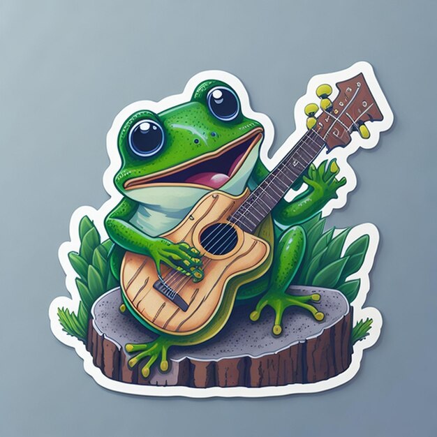 design de adesivo recortado com o tema de um personagem sapo tocando guitarra gerado por IA